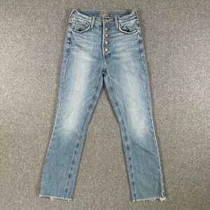 Mother Denim High Waisted Straight Leg Jeans Blue Button Fly Raw Hem Size 26 USA